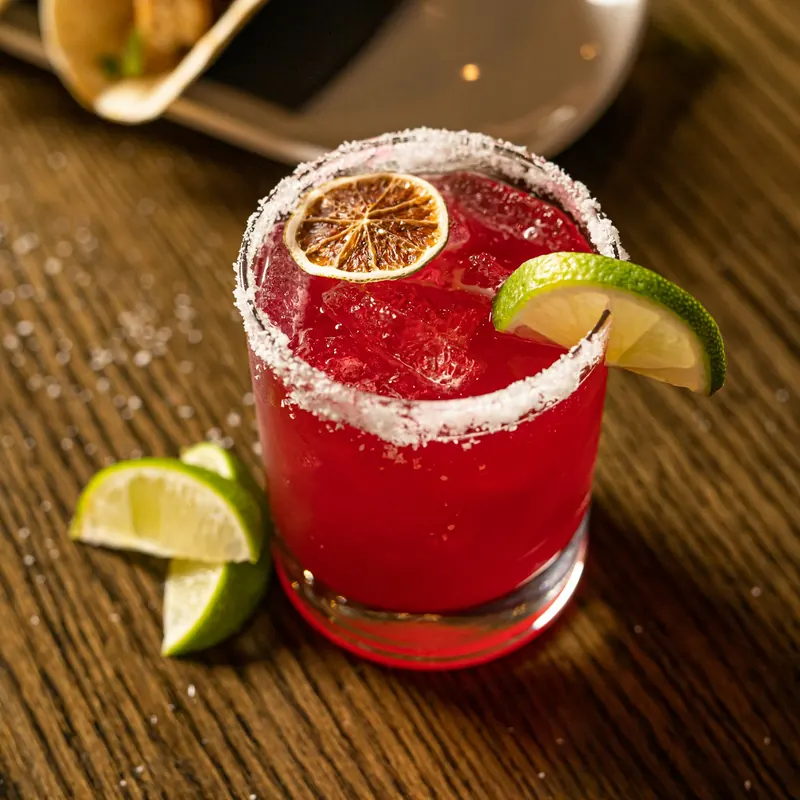 A red margarita with a salted rim, a dried orange slice and a lime wedge